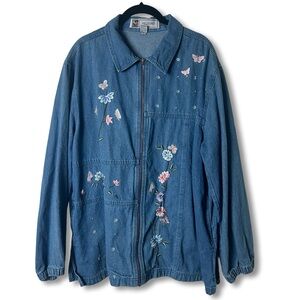 PASSION-I Embroidered Denim Jacket Vintage Floral Butterfly Rhinestone 90s Sz. L